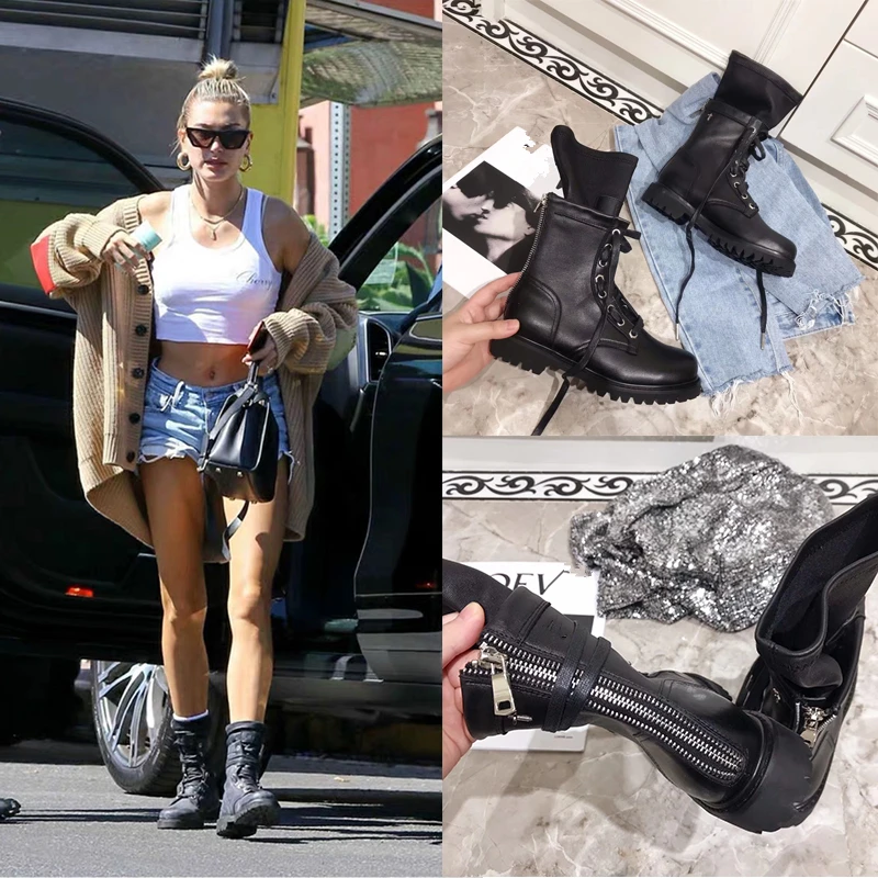 Женские дизайнерские ботинки INS черные кожаные на плоской подошве женские до