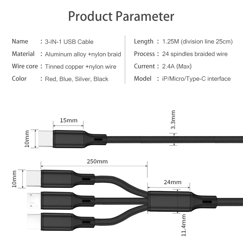 3 In 1 USB C Cable Type To Micro 8 Pin PD USBC Charger For IPhone Android Tablet Tipo Charging Cord | Мобильные телефоны и