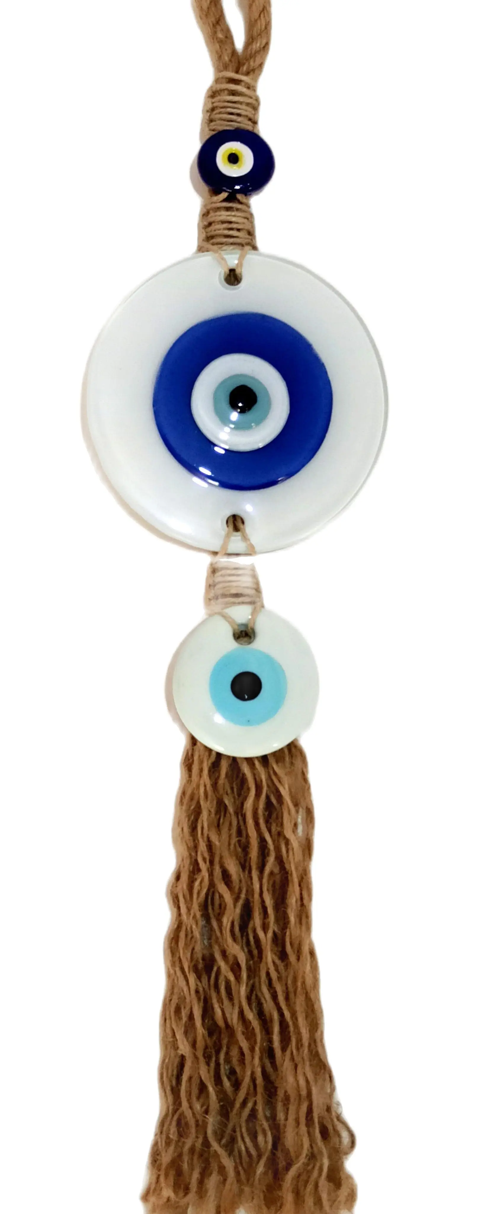 

Handmade Fringed Wall Decoration with White Glass Evil Eye Beads