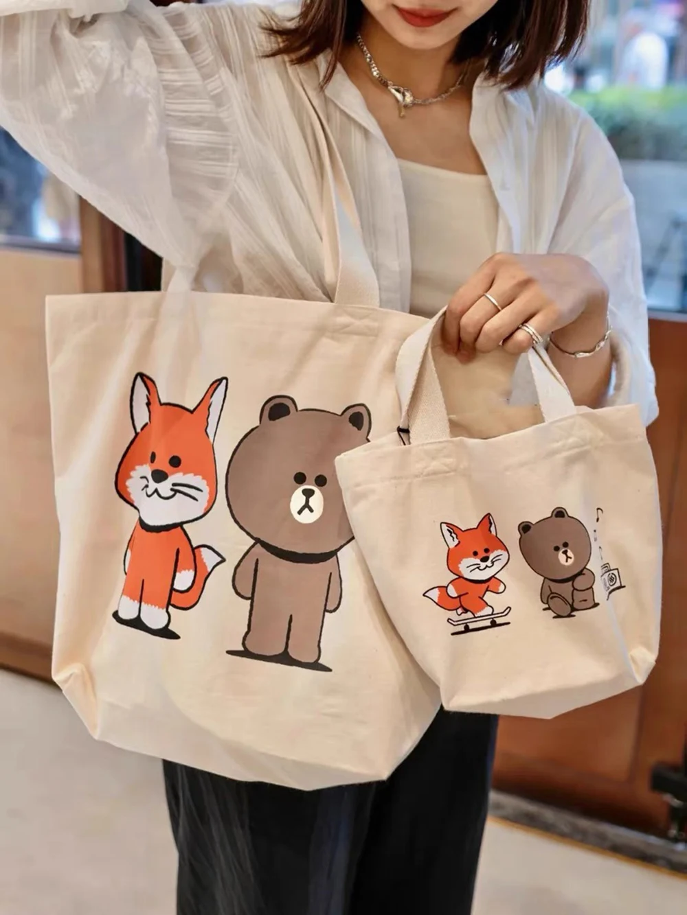 

ZESSAM Unisex Fox Bear Friends Letter Graphic Print Canvas Travel Bag Casual Large Capacity Tote Bag