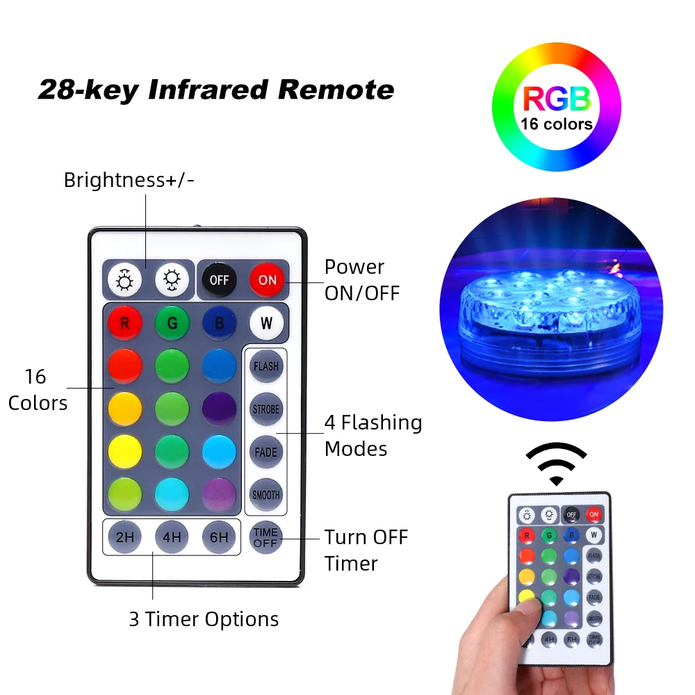 Погружной RGB светильник для бассейна 16 цветов 13 светодиодов с магнитом и
