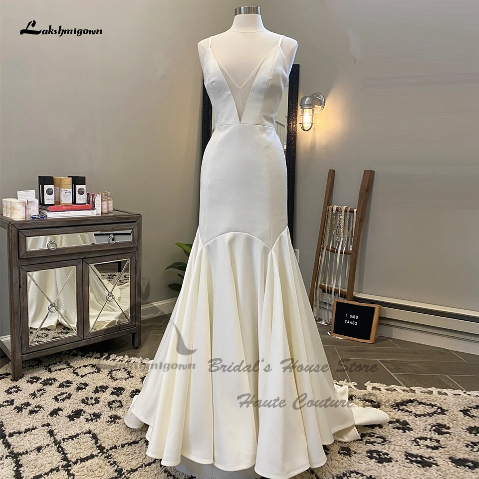 

Lakshmigown Sexy Crepe Satin Mermaid Wedding Dress 2022 V neck Robe Vintage Bridal Boho Wmen Wedding Gowns Spaghetti Straps