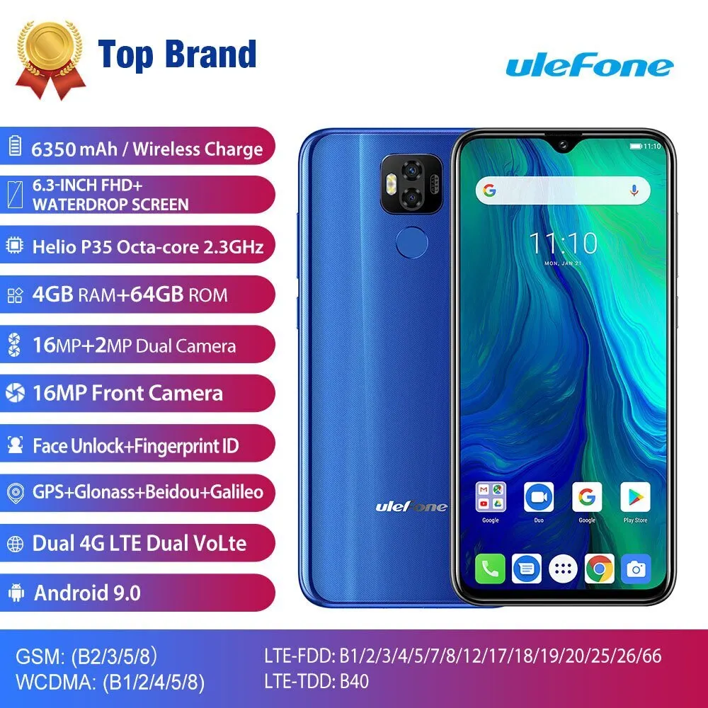 Ulefone power 6 6,3 дюймов FHD+ 4 Гб ОЗУ 64 Гб ПЗУ 16 Мп+ 16 Мп Android 9,0 Восьмиядерный 6350 мАч NFC разблокировка лица 4G смартфон