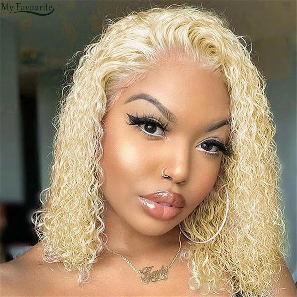 613 13X4 Lace Front Curly Bob Wig Human Hair Brazilian Water Wave Blonde Bob Wigs With Baby Hair Natural Wig For Black Women