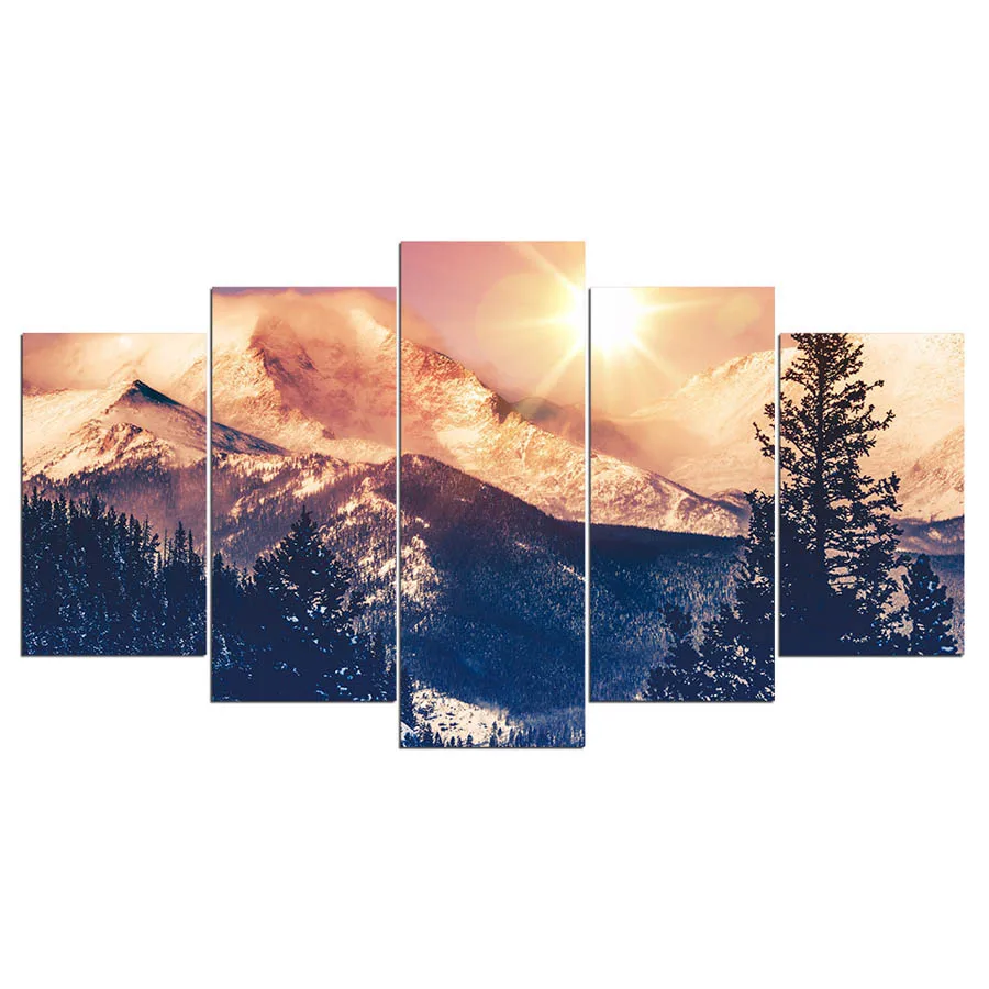 

ArtSailing 5 Painting Dawn in Mountain Canvas Painting Winter Canvas Landscape Canvas Painting for Living Room