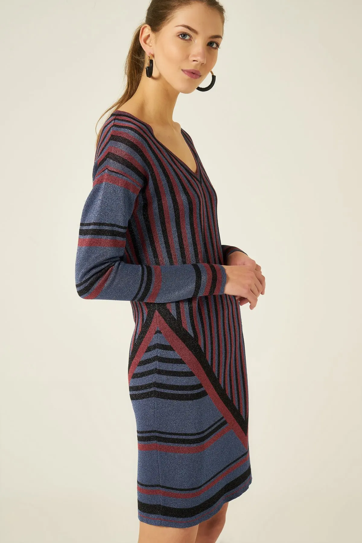 Женское темно синее платье с v образным вырезом и люрексом Joinus|Женские платья| |