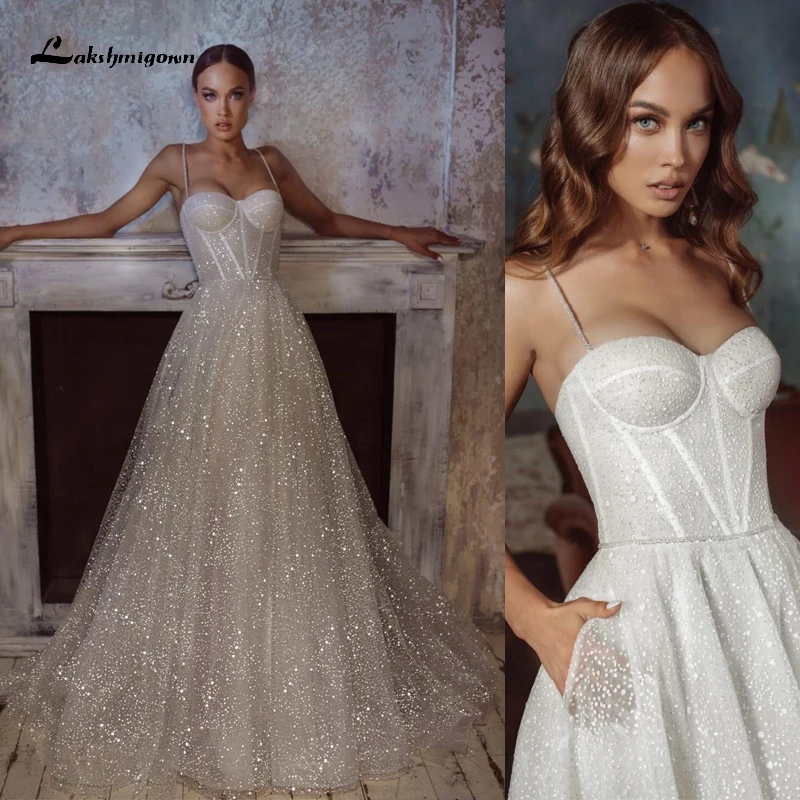 

Sexy Sparkle Sweetheart Spaghetti Straps A Line Wedding Dress 2022 Lace Bridal Gown Sweep Floor-Length vestidos de fiesta