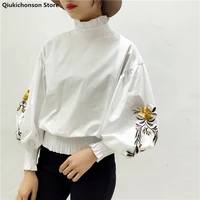 qiukichonson white black spring lantern sleeve blouse women 2022 korean casual ruffles stand collar embroidery blouses crop tops