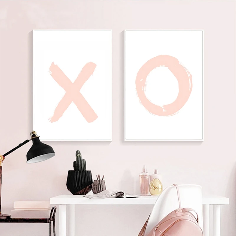 Розовые акварельные холсты для стены X и O с изображениями скандинавских плакатов, печатей и картин для детской комнаты девочек.