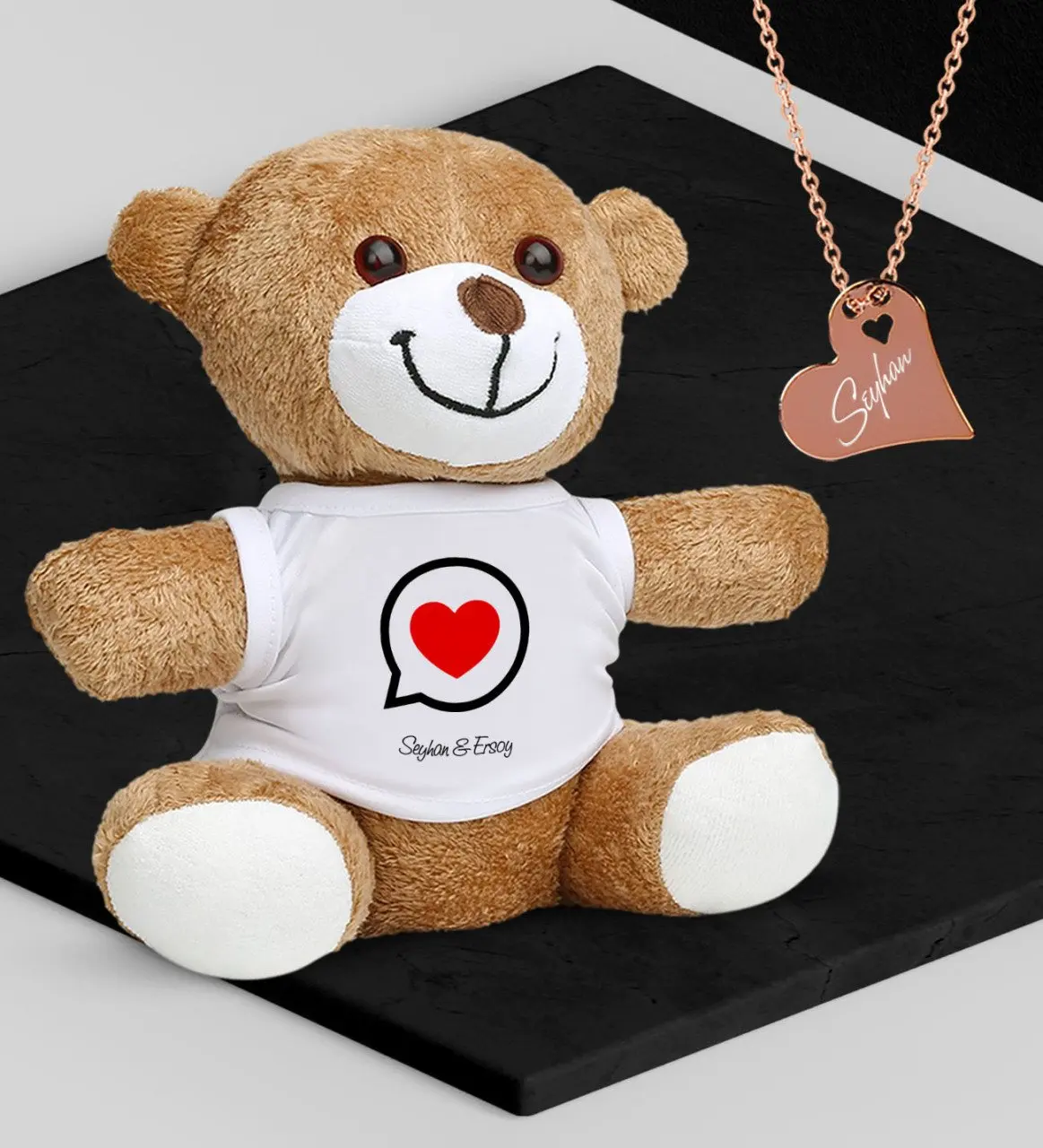 

Personalized Valentine 'S Themed Plush Teddy Bear and Rose Heart Necklace Set - 80