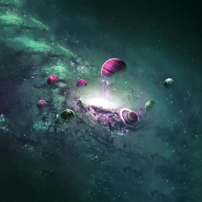 

Curtain Planets Solar System of Stars and Nebula Magical Universe Futuristic Artwork Printed Purple Green Gray