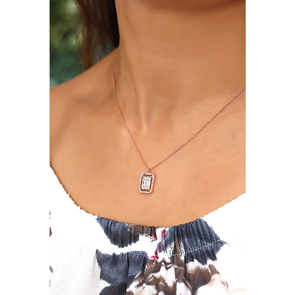 Эффектное ожерелье ювелирный стержень с цирконием кулон 925 пробы серебро розовое