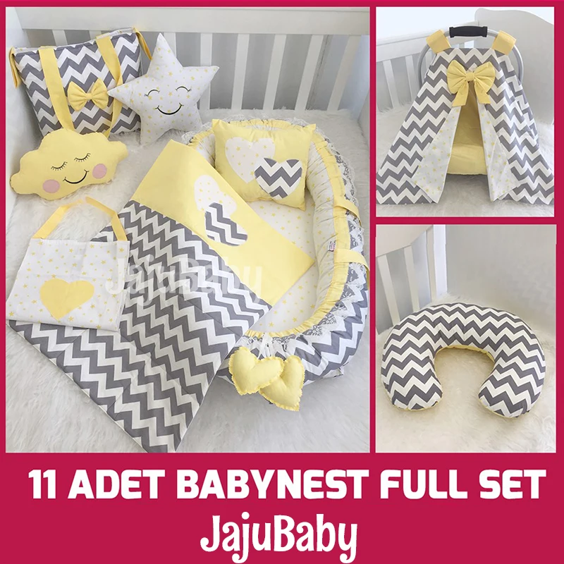 Jaju Baby Handmade Gray, Yellow Zigzag Luxury Baby Nest Baby Sleep 11 Piece Full Set, Breastfeeding Pillow, Stroller Cover