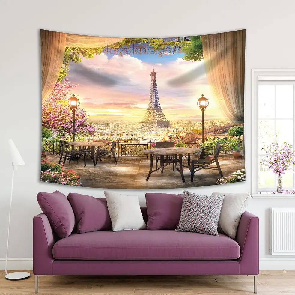 

Tapestry Colorful Dramatic Sky Sunrise View of the Eiffel Tower in Paris Cafe of Balcony from Flowers Trees Lilac Green Brown blue