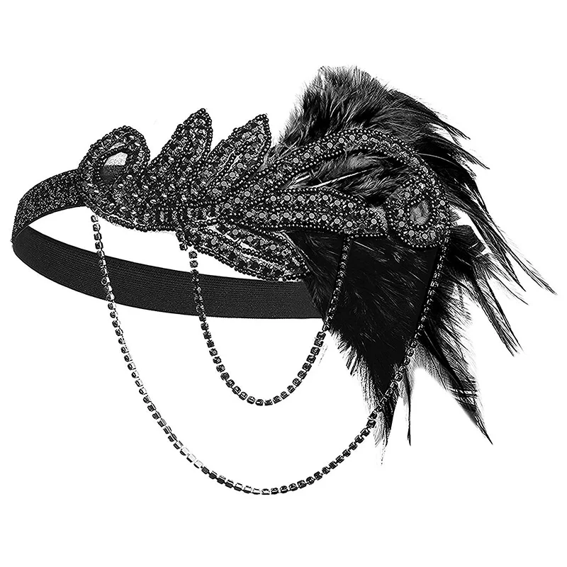 Black Headband Женский Большой Гэтсби Хлопушка платья 1920s блесток бисером бахромой платье/аксессуары набор xs-xxl(серебро, золото - Цвет: Black Headband
