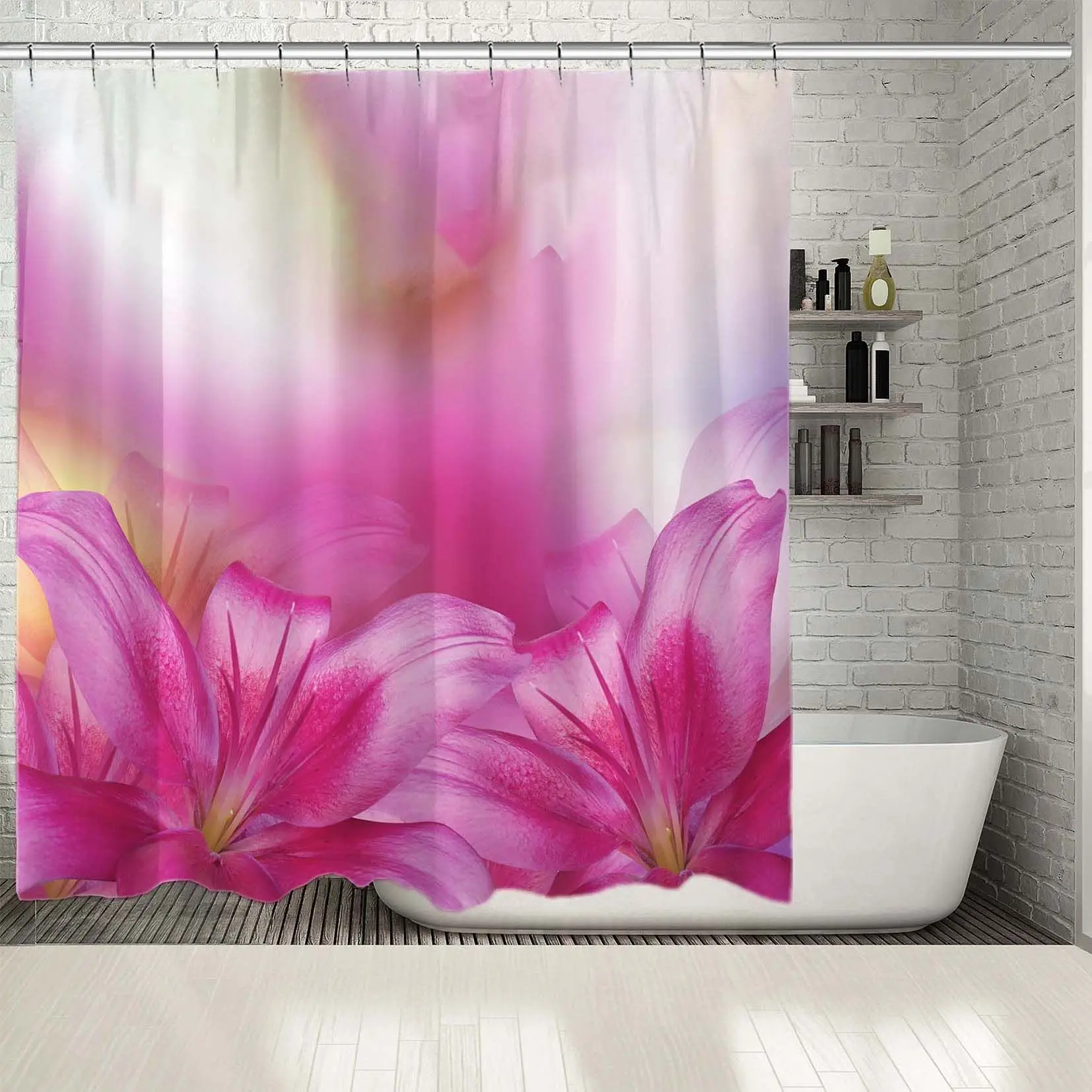 

Shower Curtain Lilies Flowers Bouquet on Becomes Blurred Background Nature Blooms Decorating Artwork Printed Pink Yellow