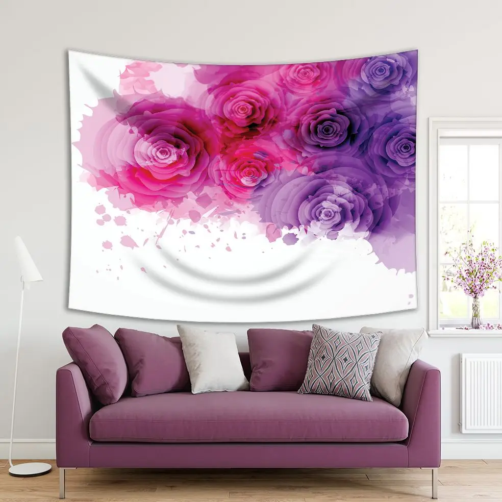 

Tapestry Rose Flowers Abstract Watercolor Art with Paint Splashes Modern Decor Pink and Purple