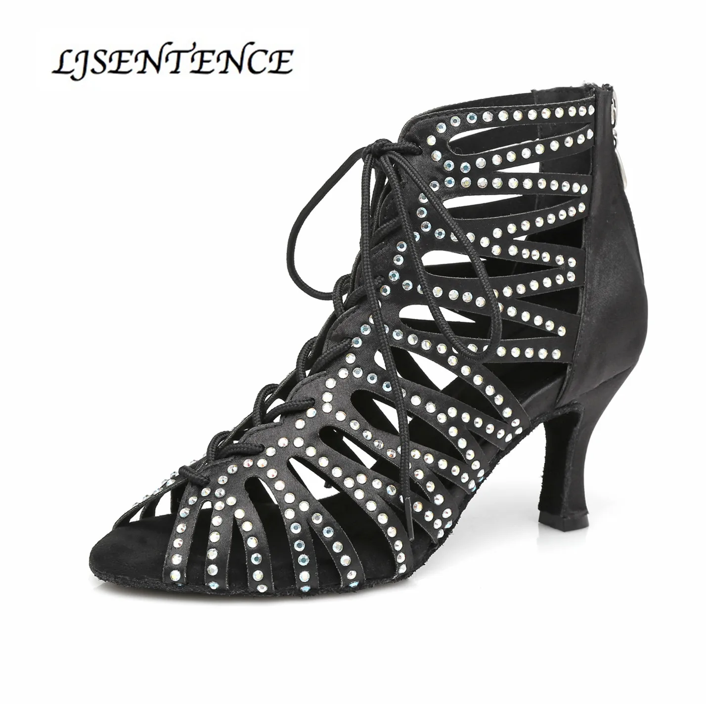 Salsa Dance Boots Black Shining Lace Zipper Opening for Wedding Party Ballroom Social Dancing Glitter Women Sandals Medium 7.5cm
