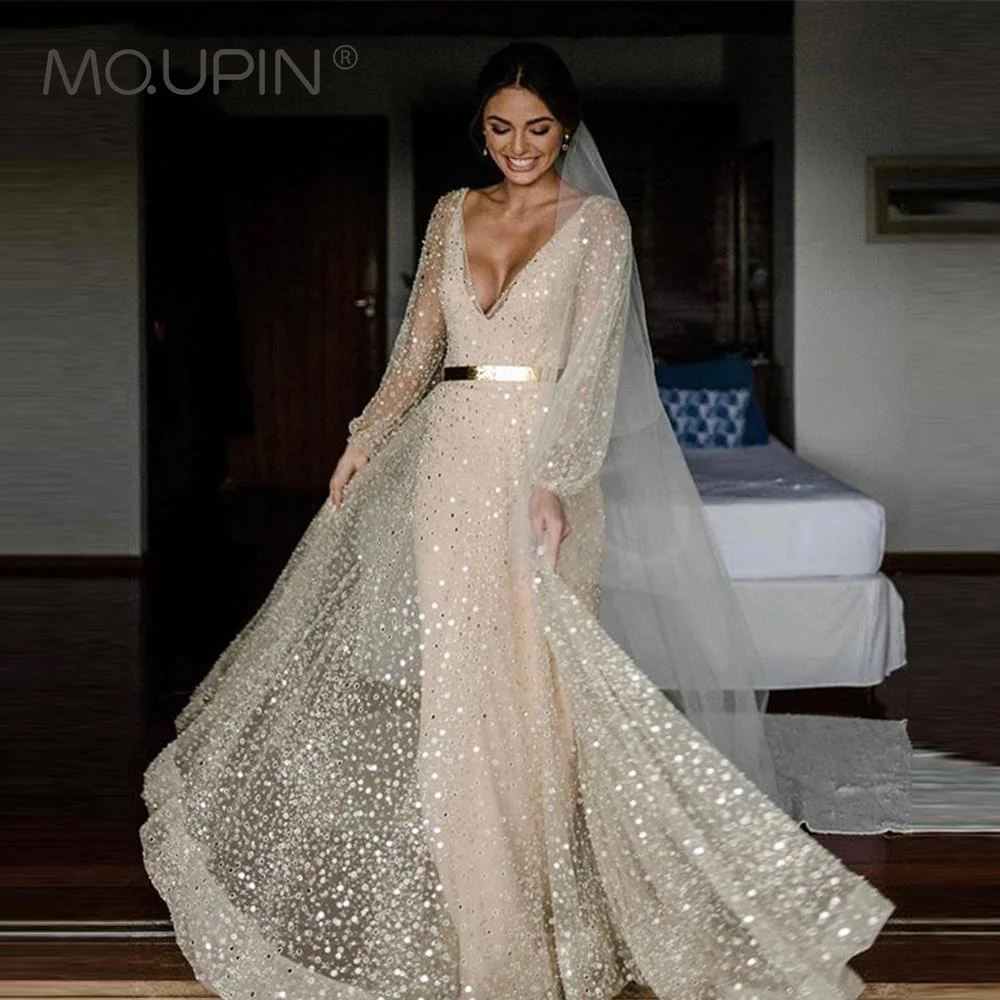 

MQUPIN Two Pieces Champagne Shiny Glitter Wedding Dresses Puff Long Sleeves V Neck Bride Gowns With Deatachable Coat Gold Sash A