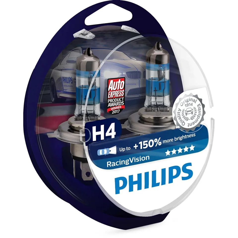 Комплект галогенных ламп Philips H4 12V 60/55W Racing Vision +150% ярче Цветовая температура 3500K