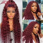 Бордовый кудрявый 13x 4 парик из человеческих волос на сетке спереди для женщин 180% темно-красный # 99j бразильский Remy 4x4 ClosureWig предварительно выщипанный