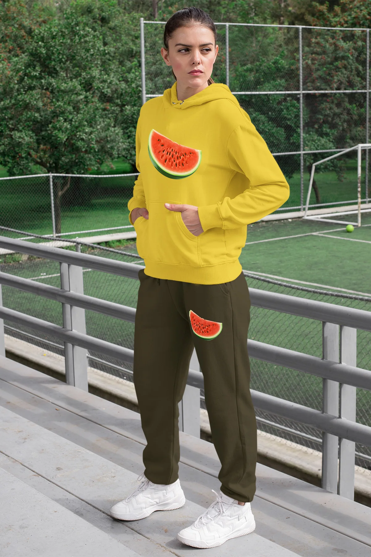 Женский спортивный костюм с арбузом Angemiel желтый свитер капюшоном зеленые