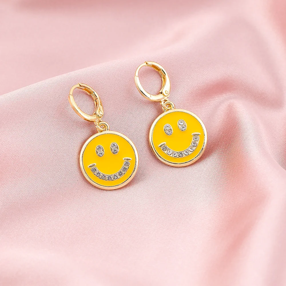 

Zircon Smiley Drop Earrings For Women Creative New Sweet Enamel Smile Face Pendant Dangle Earring Party Jewelry Gift Bijoux Femm