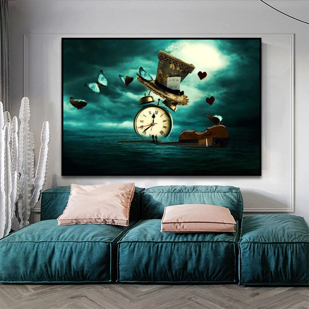 Часы скрипка бабочка шляпа винтажная Картина на холсте плакат принты настенные