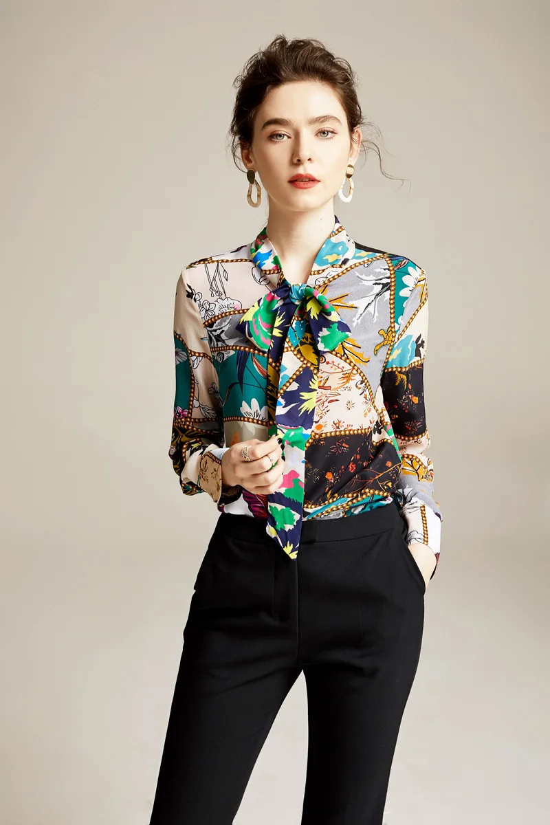 Женская модельная рубашка из 100% чистого шелка Элегантная блузка с бантом на