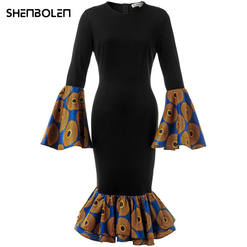 

Fashion Women's African Clothing Black Splicing Autumn and Winter One-Piece Skirt African Clothing Women's Oversize Clothing