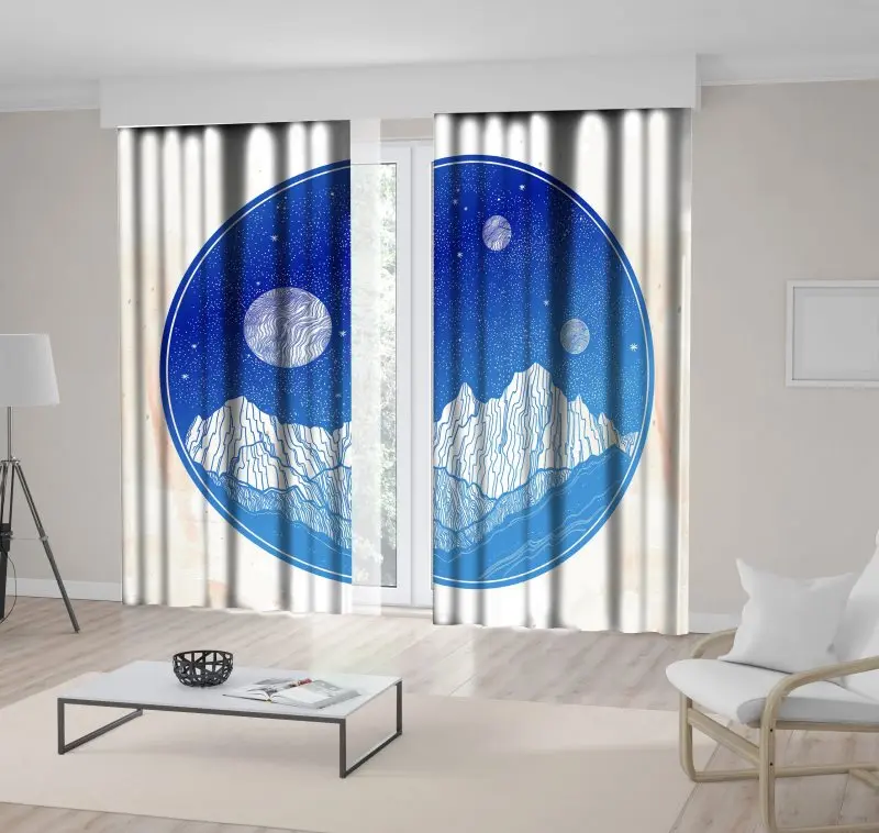 

Curtain Mountains and Night Sky Stars Moon Planets in Circle Shape Surrealistic Artwork Printed Blue White