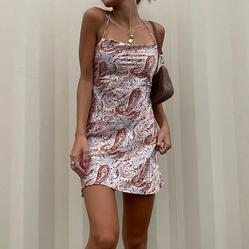 

FAKUNTN Summer Dress For Women 2021 Floral Print Sexy Bodycon Spaghetti Strap Backless Slim Satin Casual Streetwear Outfits