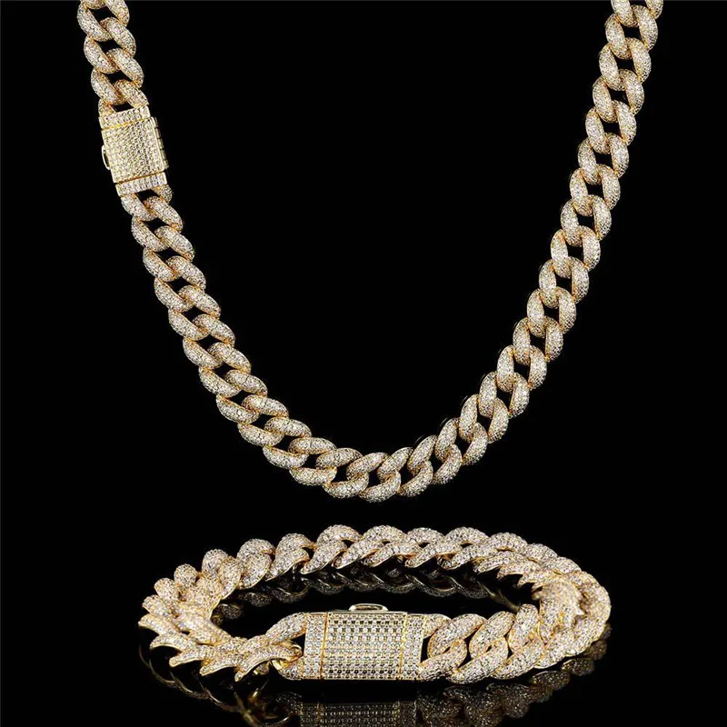

12mm Miami Cuban Chain Link Silver Color Necklaces Full Iced Out Zircon Bracelets for Mens Women