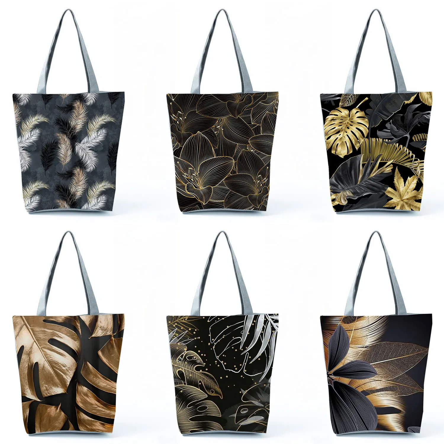 Customized Art Painting Women's Handbags Black Golden Plant Leaf Print Casual Tote High Capacity Reusable Shopping Shoulder Bags