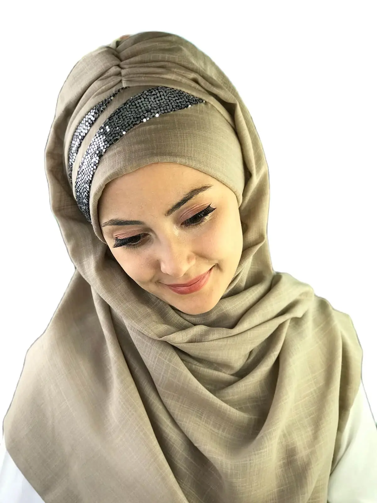 

2022 New Fashion Hijab Women Muslim Islamic Turban Tulle Scarf Hat Silver Sequin Sequined Pattern Dark Stone Ready Made Shawl