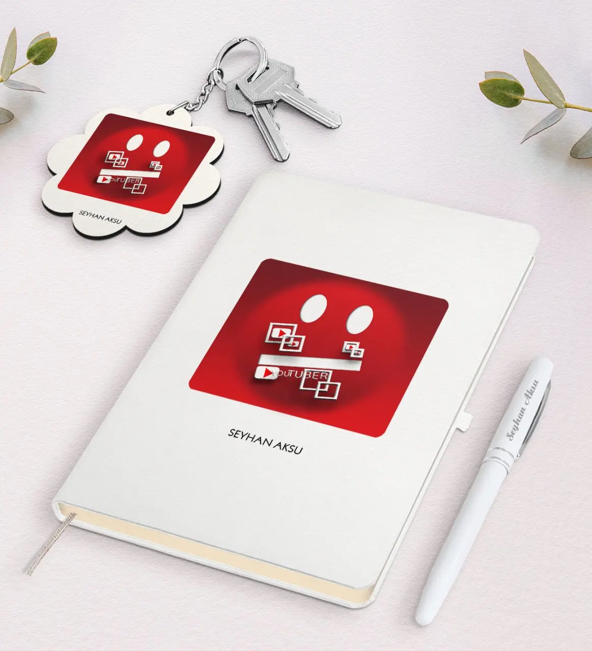 

Personalized Youtuber White Notebook Pen and Keychain Gift Seti-2 Reliable Quality Gift Casual Design Moment Special Day