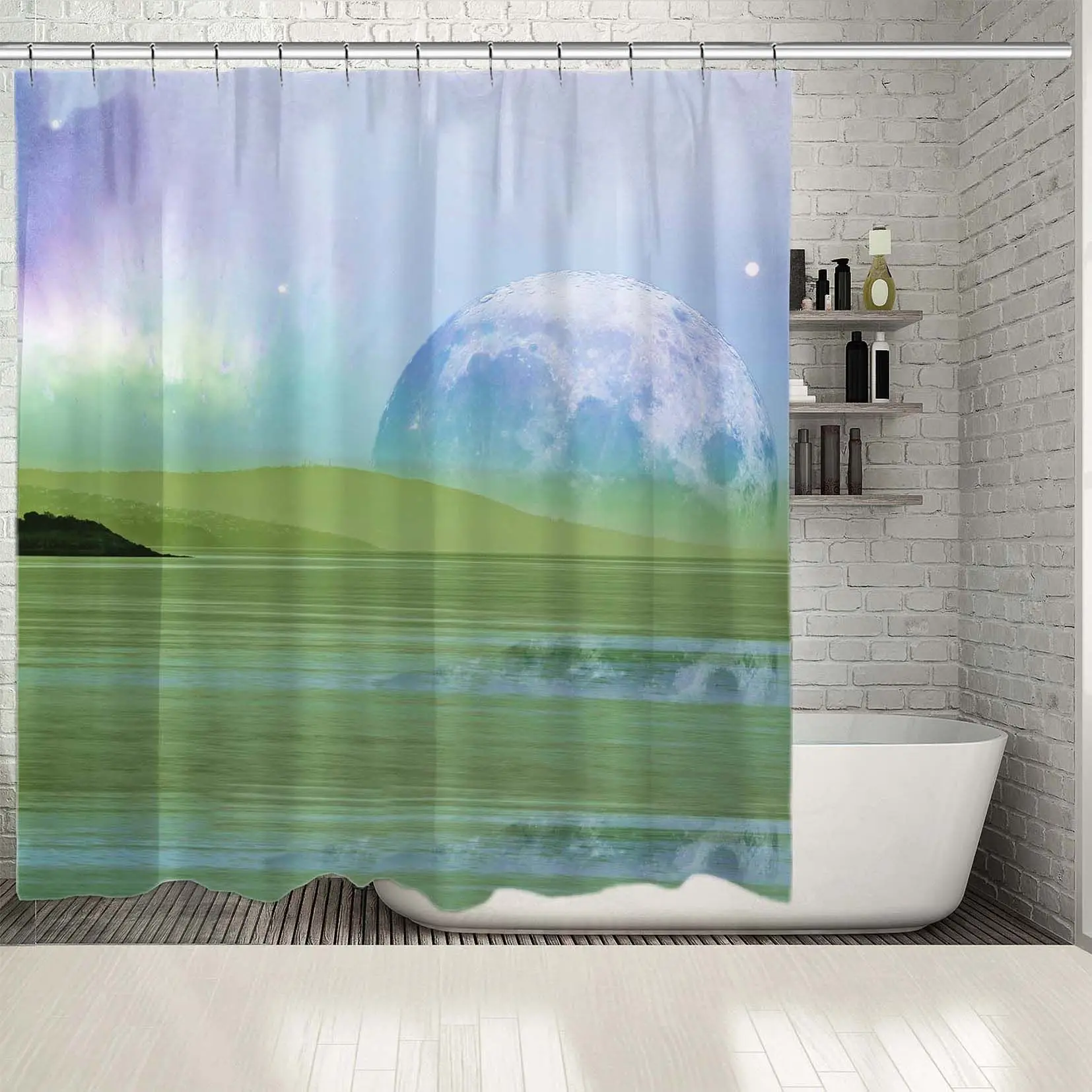 

Shower Curtain Huge Moon Wild Peaceful Meadow Landscape of Alien Planet Futuristic Photo Printed Green Blue
