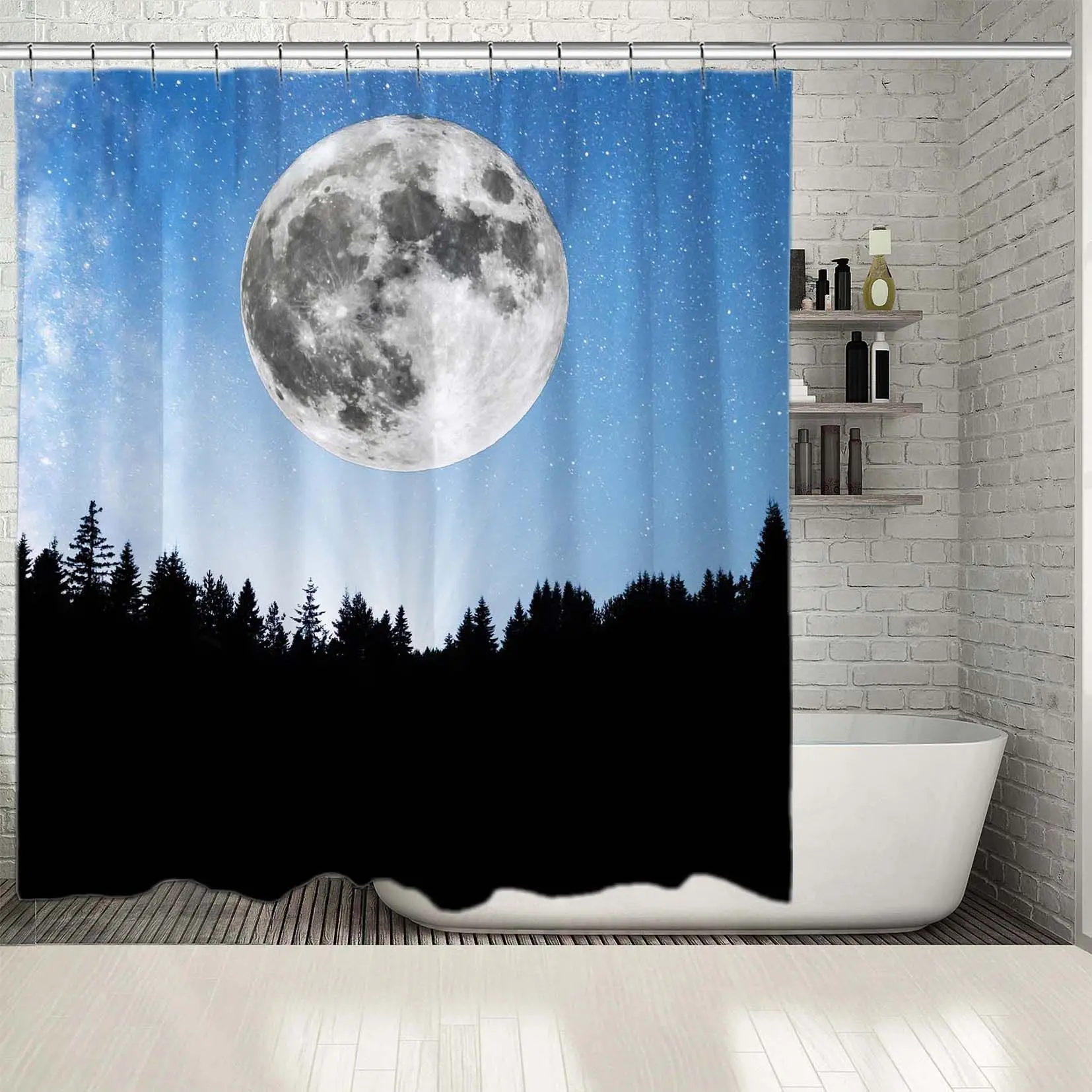 Занавеска для душа Супер Луна звезды Млечный Путь ночной вид с сосновым деревом