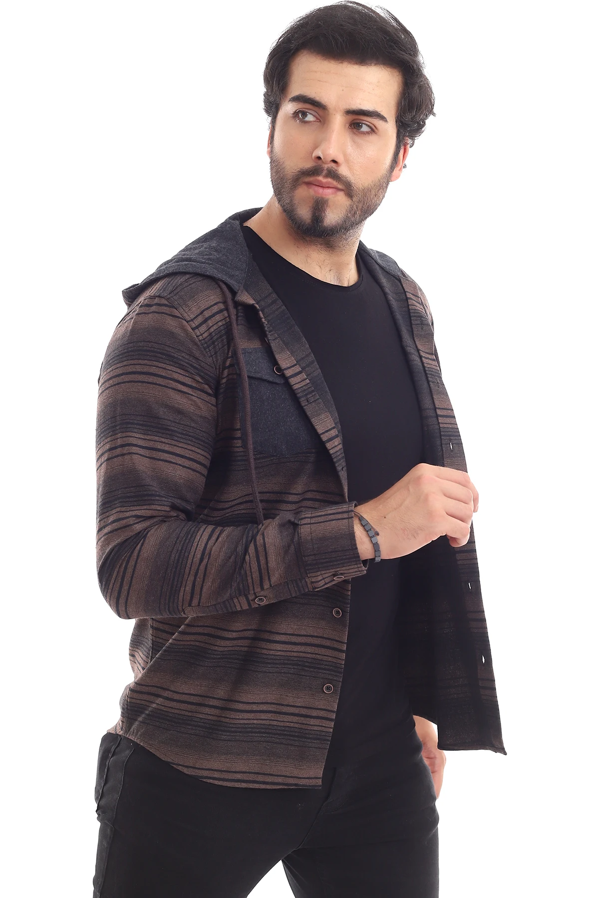 WOODCUTTERS HOODED CASUAL SLYM FİT MALE GÖMLEĞİ (BLACK BEIGE) | Мужская одежда