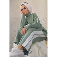 2 piece womens sports set knitted stripe detailed long half turtleneck sweater and long baggy pant sportive muslim set turkey