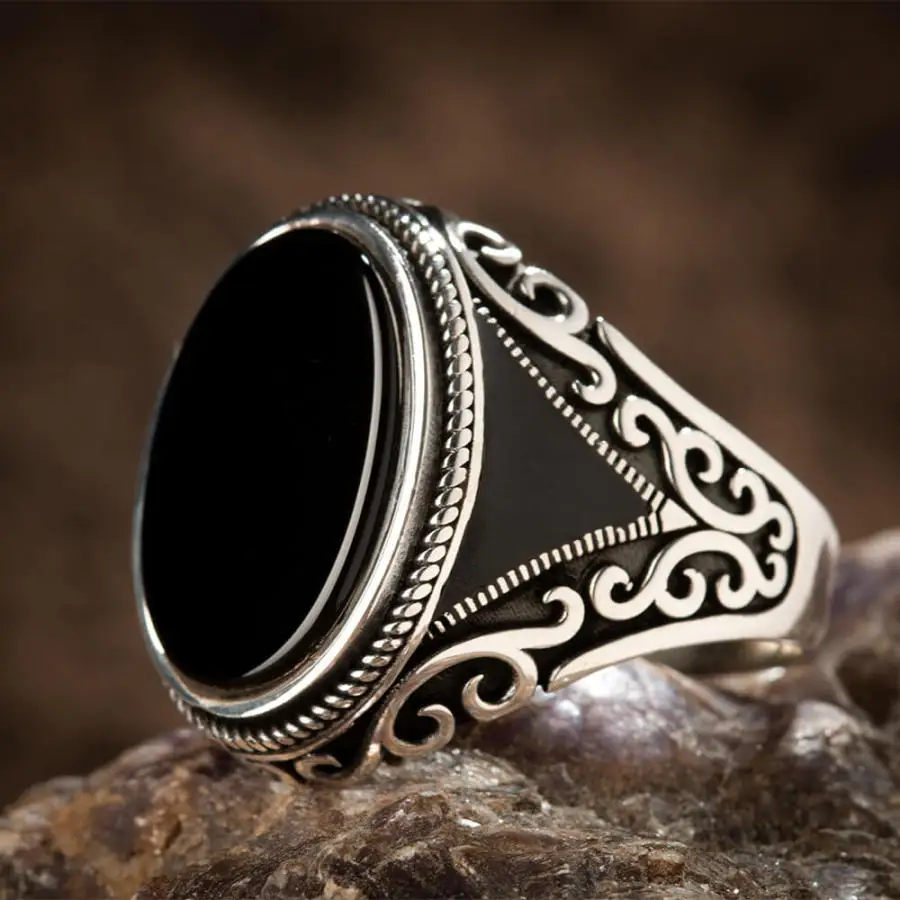 

Мужское кольцо овальной формы из серебра 925 пробы с черным ониксом, черный натуральный большой оникс, ручная работа, Сделано в Турции, Винтаж...