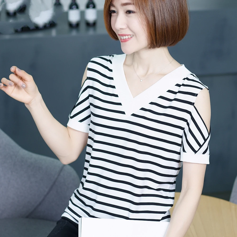 

2022 Summer Women T-shirt Clothes Cotton Short Sleeve Tops Off Shoulder Striped Tee Sexy Female Sexy V-Neck Tops Plus Size 3XL