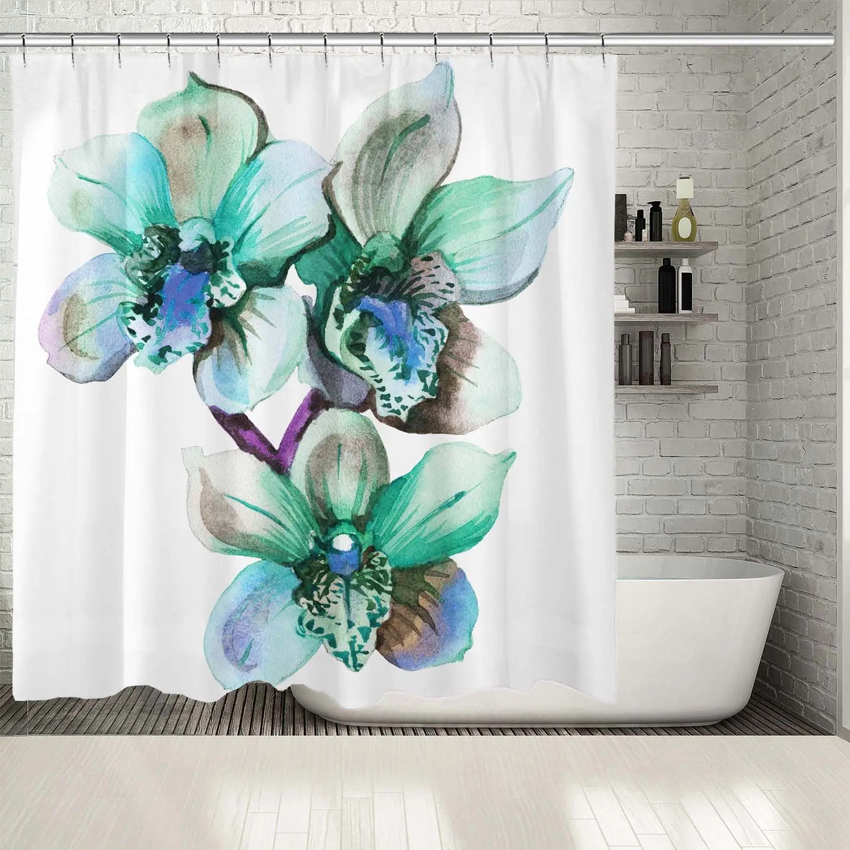 Занавеска для душа цветы орхидеи ветка классический стиль акварельная живопись