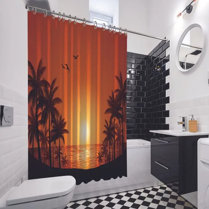 Занавеска для душа пальмовые деревья и чайки силуэт романтический Закат