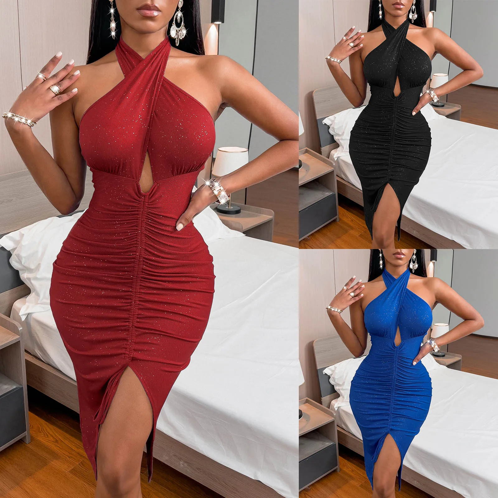 

Mid-Calf Sleeve Pleat Mid-Waist Halter Women's Dress Club Wear Sexy Bodycon Party Elegant Split Dresses for Women 2022 New