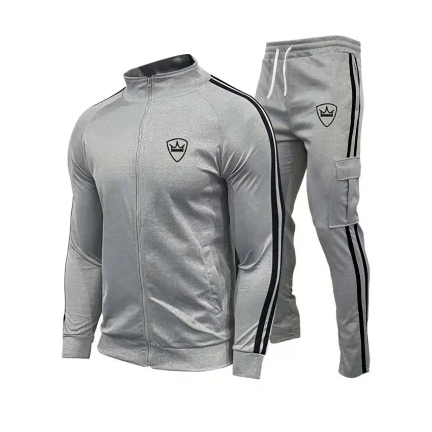 

Casual 2-piece sports men's new autumn/winter zipper sportswear + drawstring pants men's striped stitching fitness sports suit