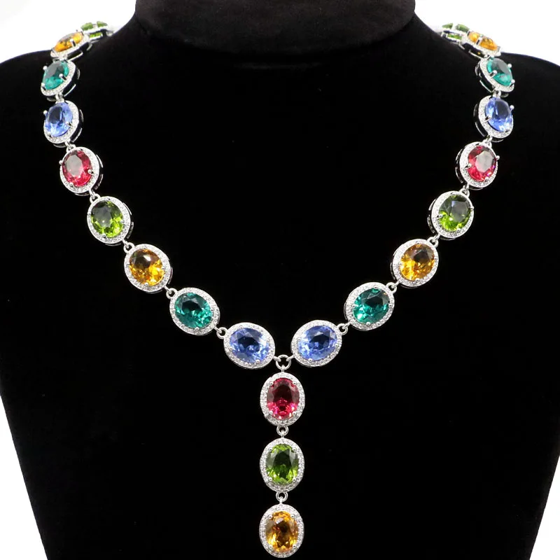 

45x11mm Multi Color 45g Created Citrine Tourmaline Aquamarine Tanzanite CZ Women Wedding Silver Necklace 18.5-19.5inch