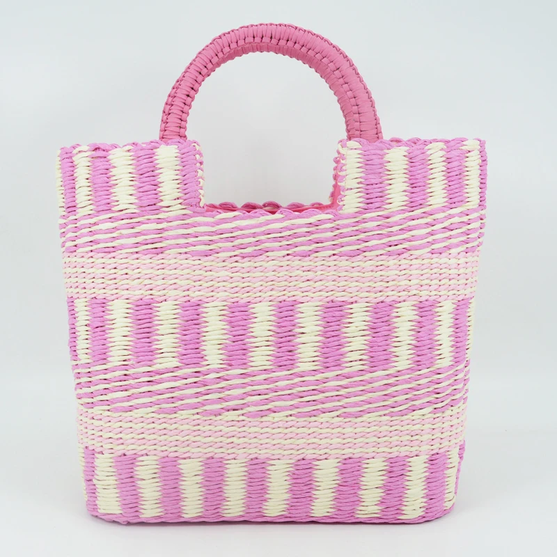 

2022 Bright Pink Striped Large Capacity Straw Raffia Woven Women Handbags Handmade Summer Beach Shoulder Bag Bali Big Purses