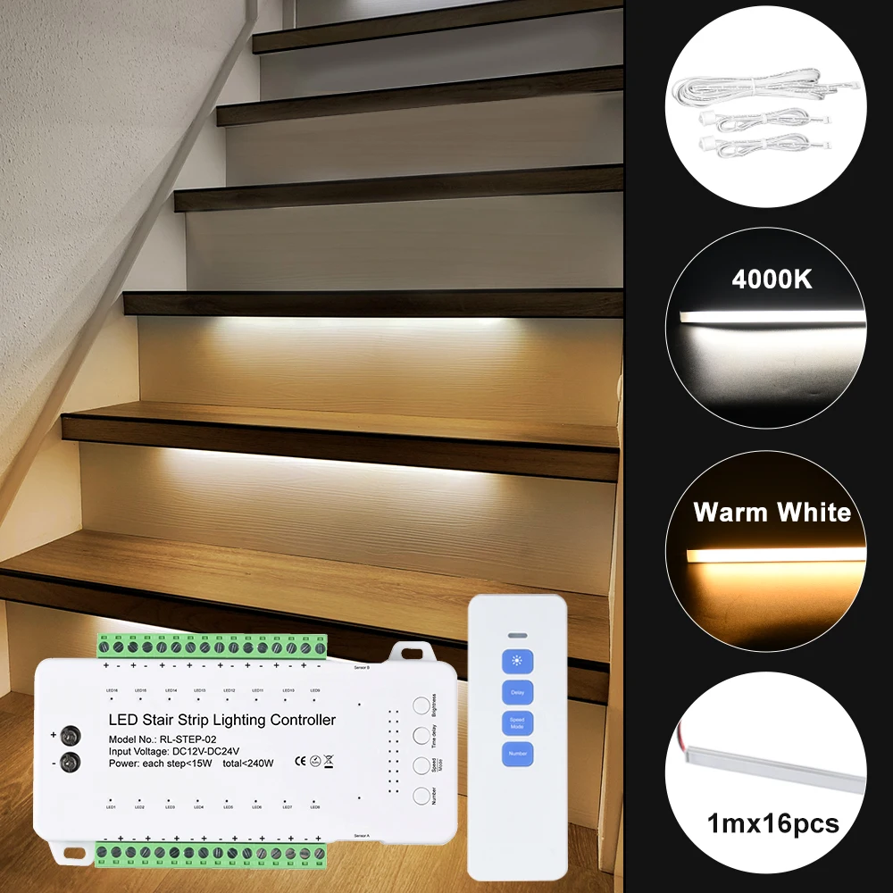 

Подсветка для лестницы с дистанционным управлением, Светодиодная лента COB с профилем, теплый белый свет, 4000K, 50 см, полный комплект