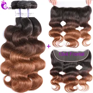 Пряди омбре с фронтальной оправой 1B 4 30 предварительно окрашенные уха к уху Кружева Фронтальная застежка с пряди Remy перуанская волна тела с фронтальной